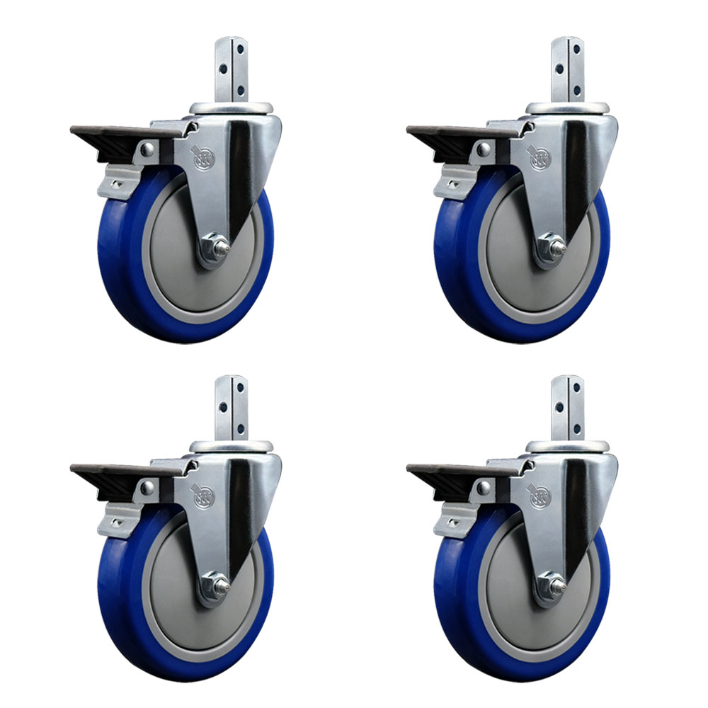 Swivel Square Stem Caster with 5 x 1.25 in. Blue Poly Wheel, 0.87 x 2 in. Square Stem with 3 0.26 in. Diameter Mounting Holes - Set of 4