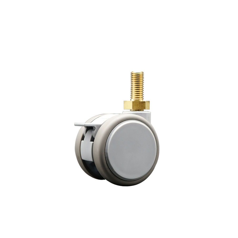 2 in. MRI Safe Swivel Caster with Brake Quiet Non-Marking Gray Thermoplastic Rubber Twin Wheels 12 mm 1.75 TPI x 22 mm Threaded Stem