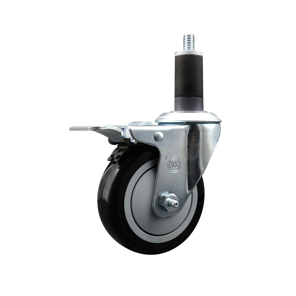 SCC-SSEXTTL20S414-PPUB-BLK-112 Stainless Steel Polyurethane Expanding Stem Swivel Caster with 4 in. Black Wheel & 1.5 in. Stem & Total Locking Brake