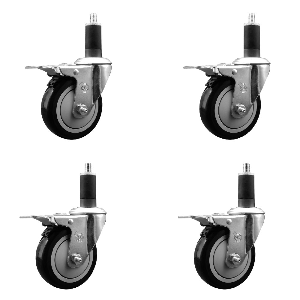 Stainless Steel Polyurethane Swivel Expanding Stem Caster with 4 in. Black Wheels & 1.25 in. Stems 4 Swivel with Total Locking Brakes - Set of 4