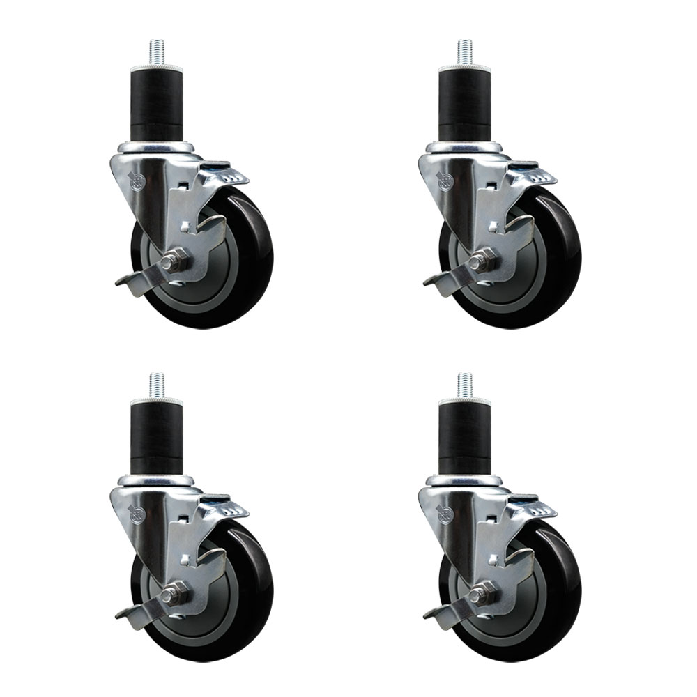 Stainless Steel Polyurethane Swivel Expanding Stem Caster with 4 in. Black Wheels & 1.75 in. Stems 4 Swivel with Top Locking Brakes - Set of 4