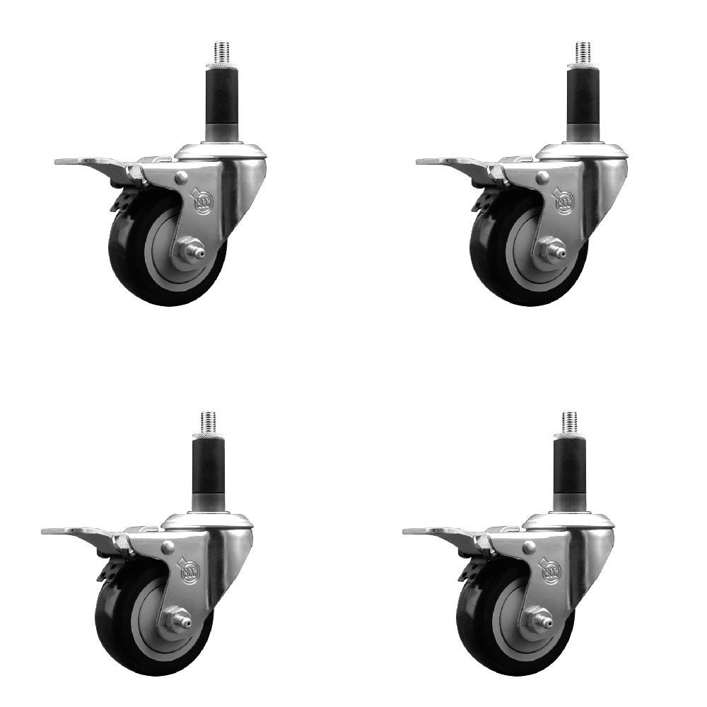 Stainless Steel Polyurethane Swivel Expanding Stem Caster with 3 in. Black Wheels & 1.13 in. Stems 4 Swivel with Total Locking Brakes - Set of 4