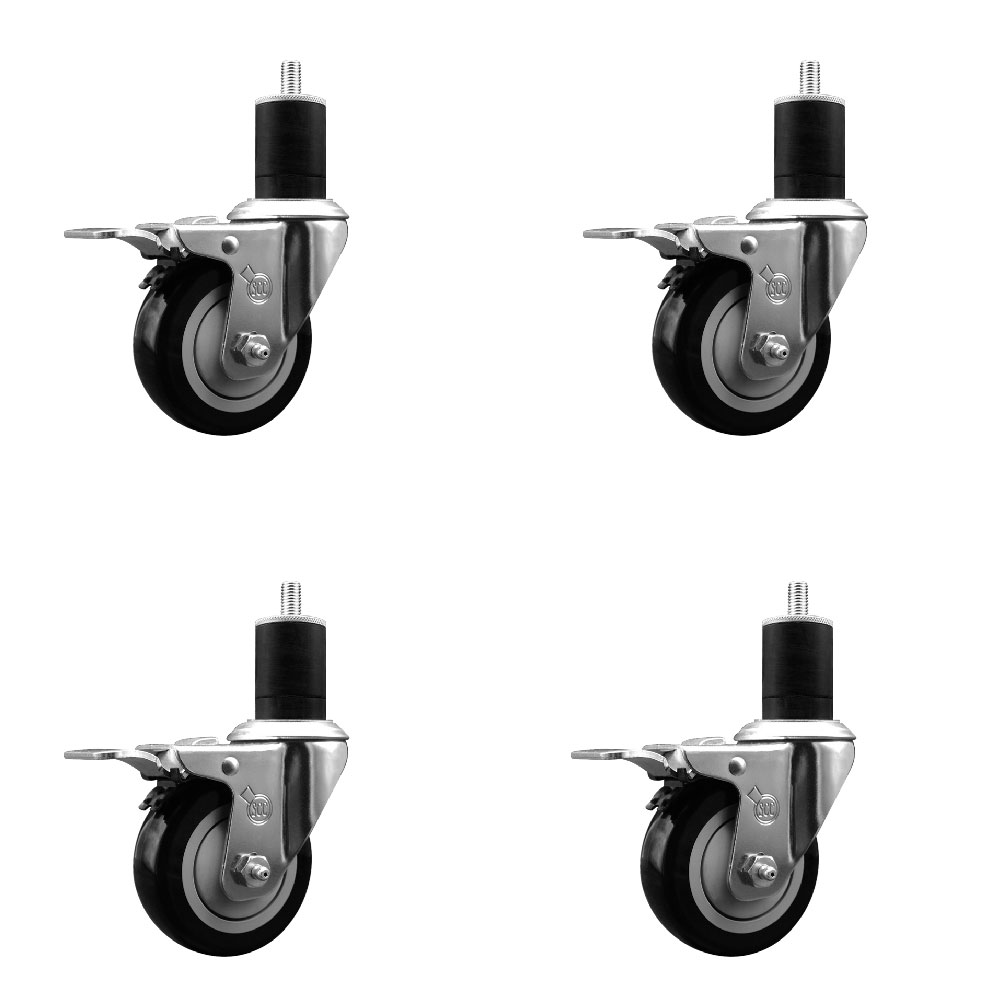 Stainless Steel Polyurethane Swivel Expanding Stem Caster with 3.5 in. Black Wheels & 1.75 in. Stems 4 Swivel with Total Locking Brakes - Set of 4