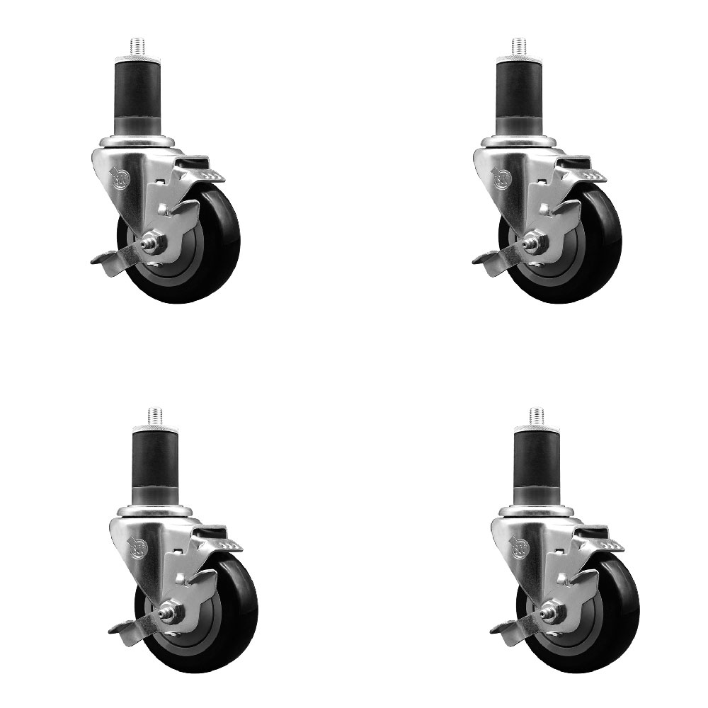 Stainless Steel Polyurethane Swivel Expanding Stem Caster with 3.5 in. Black Wheels & 1.63 in. Stems 4 Swivel with Top Locking Brakes - Set of 4