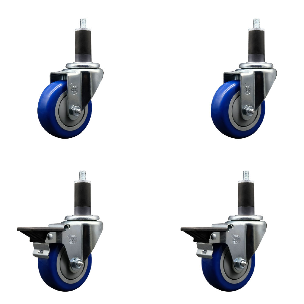SCC-EX20S3514-PPUB-BLUE-2-PLB-2-114 Polyurethane Swivel Expanding Stem Caster with 3.5 in. Blue Wheels & 1.25 in. Stems - Set of 4