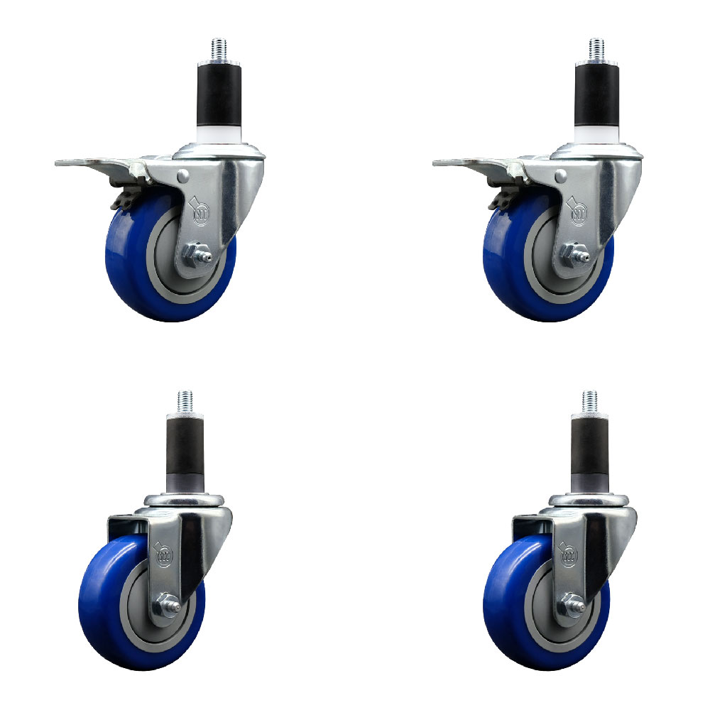 SCC-SSEXTTL20S3514-PPUB-BLU-2-S2-114 Stainless Steel Polyurethane Swivel Expanding Stem Caster with 3.5 in. Blue Wheels & 1.25 in. Stems - Set of 4