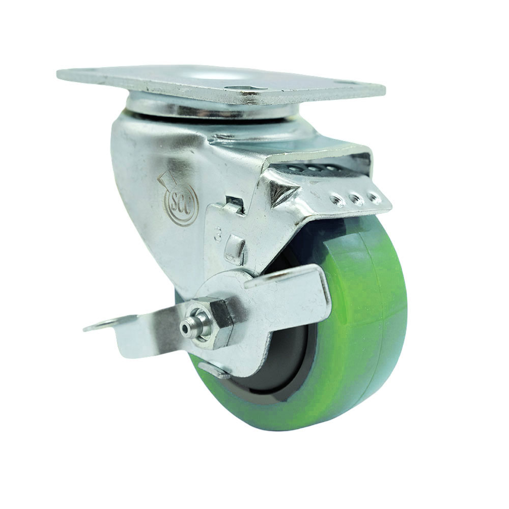 Swivel Caster with Top Lock Brake & 3 in. Green Polyurethane Wheel - 4 x 4.5 in. Overall Top Plate