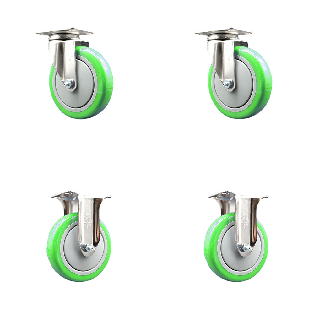 SCC-SS31620S514-PPUB-GRN-2-R-2 Polyurethane Swivel Top Plate Caster with 5 in. 316 Stainless Steel Green Wheels - Set of 4