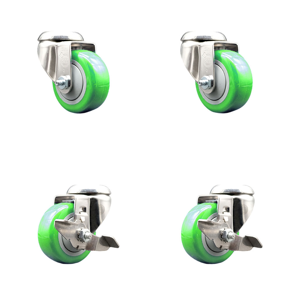 SCC-SS316BH20S314-PPUB-GRN-2-TLB-2 Polyurethane Swivel Bolt Hole Caster with 3 in. Green Caster Wheels - 316 Stainless Steel Casters - Set of 4