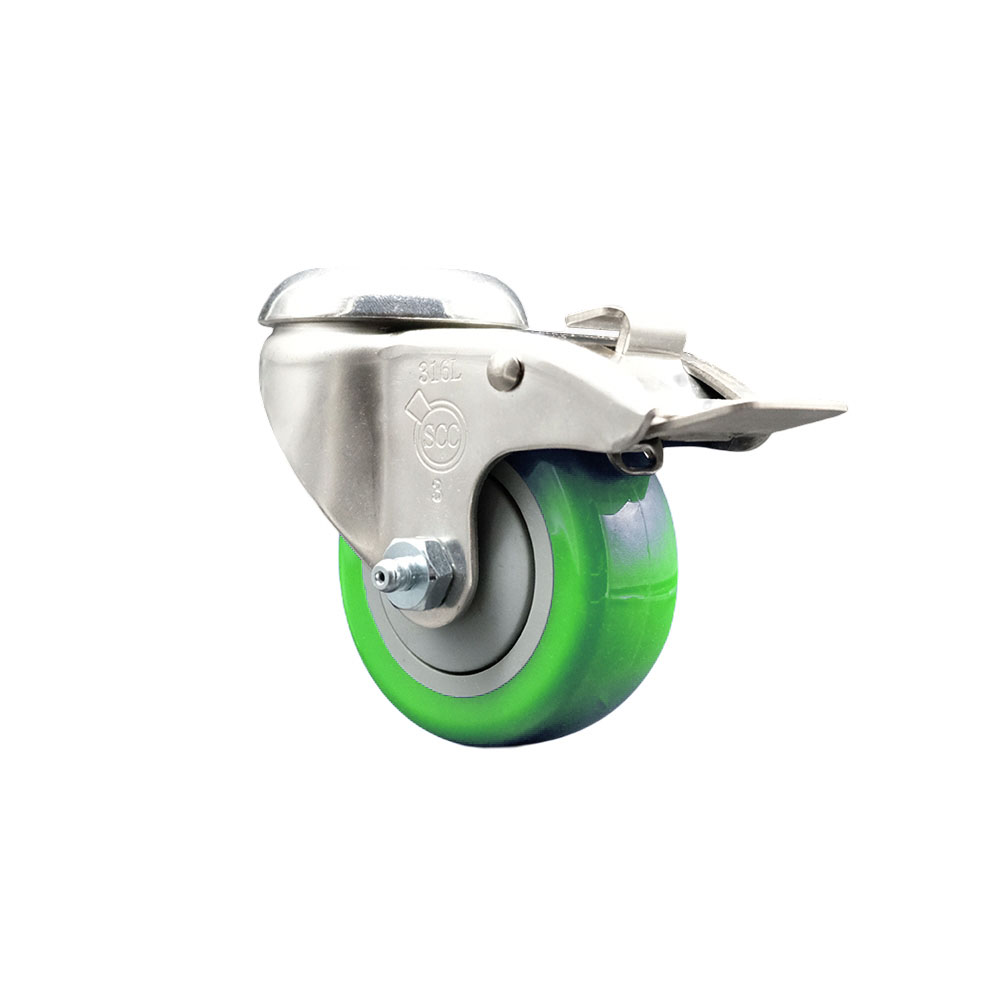 SCC-SS316BHTTL20S314-PPUB-GRN Polyurethane Swivel Bolt Hole Caster with 3 in. Green Caster Wheel & Total Lock Brake - 316 Stainless Steel Caster