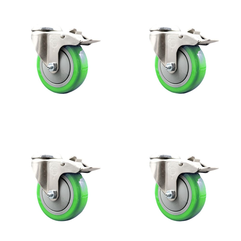 SCC-SS316BHTTL20S414-PPUB-GRN-4 Polyurethane Swivel Bolt Hole Caster with 4 in. Green Caster Wheels - 316 Stainless Steel Caster - Set of 4