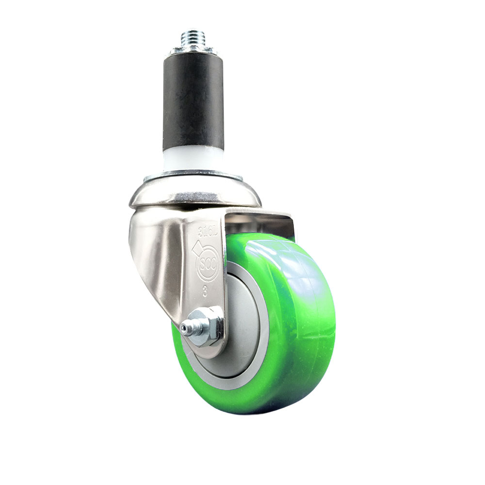 Polyurethane Swivel Stem Caster with 3 in. Green Caster Wheels, 1.38 in. Expanding Stem - 316 Stainless Steel Caster