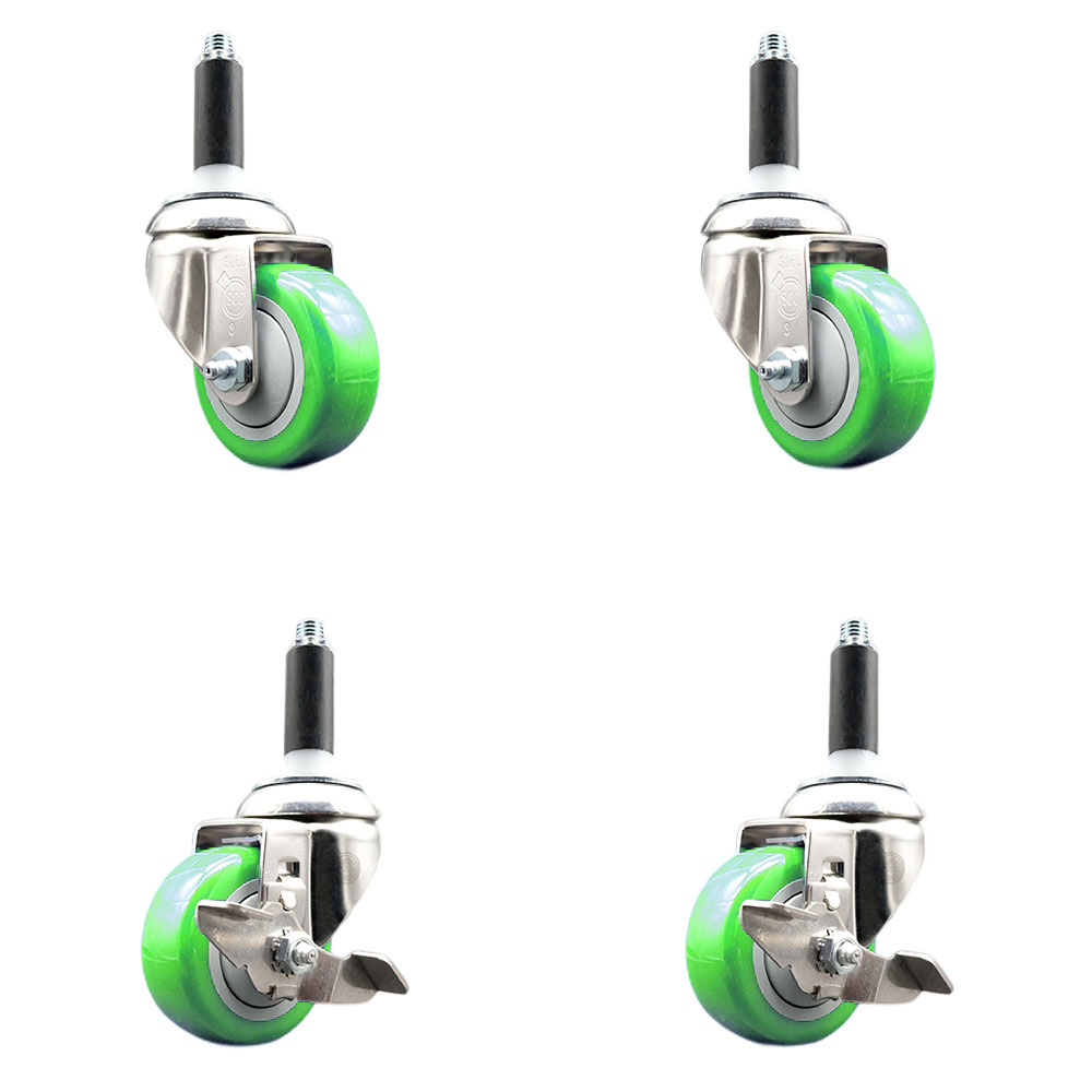 Polyurethane Swivel Stem Caster with 3 in. Green Caster Wheels, 0.75 in. Expanding Stems - 316 Stainless Steel Casters - Set of 4