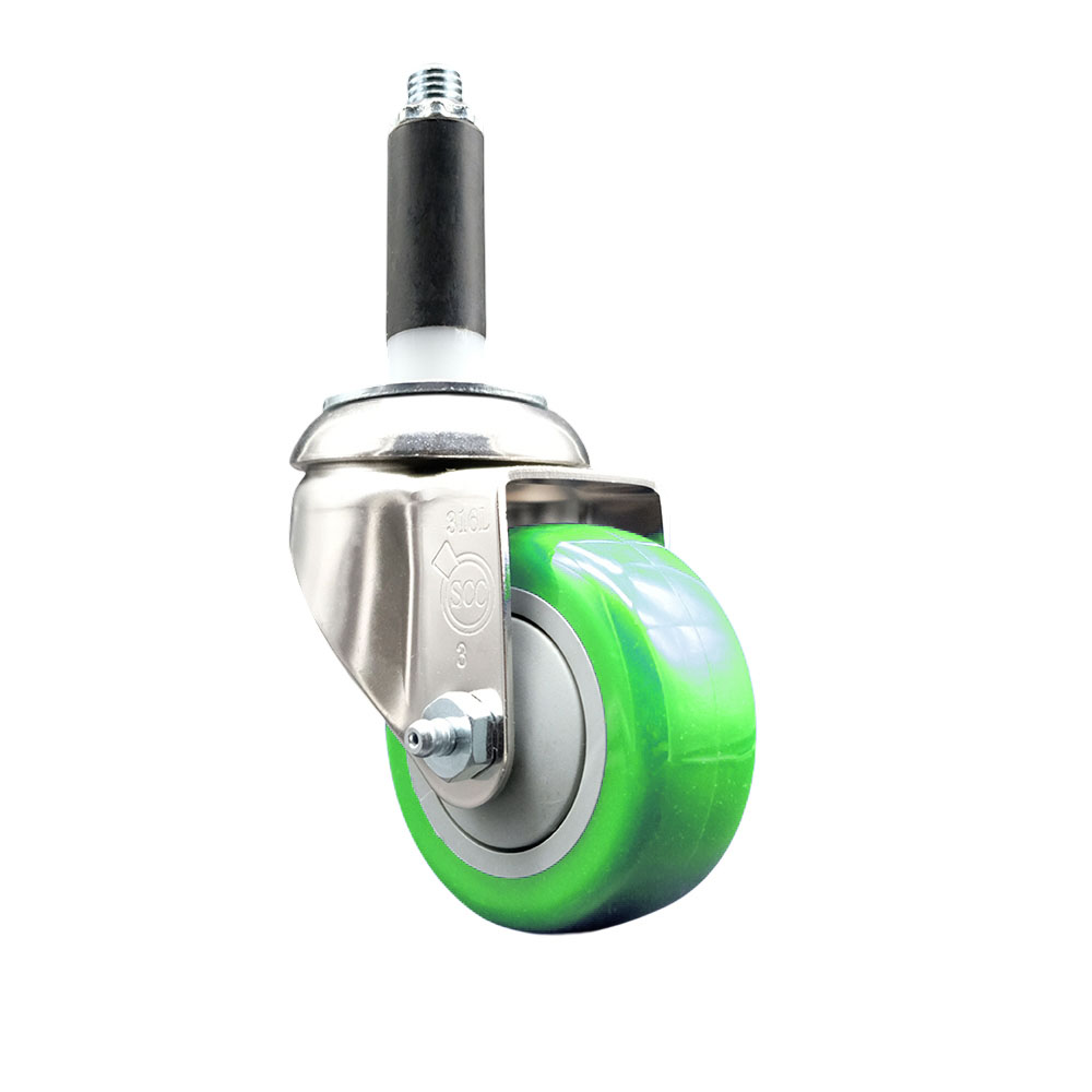 Polyurethane Swivel Stem Caster with 3 in. Green Caster Wheels, 0.75 in. Expanding Stem - 316 Stainless Steel Caster
