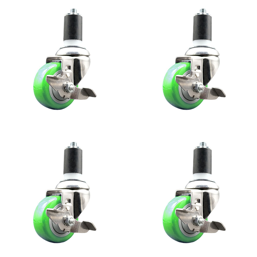 Polyurethane Swivel Stem Caster with 3 in. Green Caster Wheels, 1.5 in. Expanding Stems - 316 Stainless Steel Casters - Set of 4