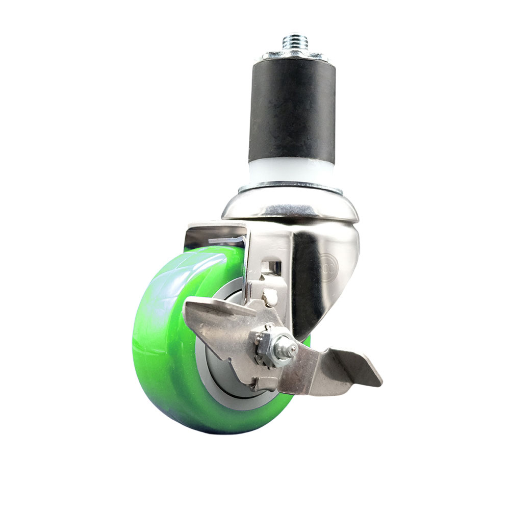 Polyurethane Swivel Stem Caster with 3 in. Green Caster Wheels & Top Lock Brake, 1.75 in. Expanding Stem - 316 Stainless Steel Caster