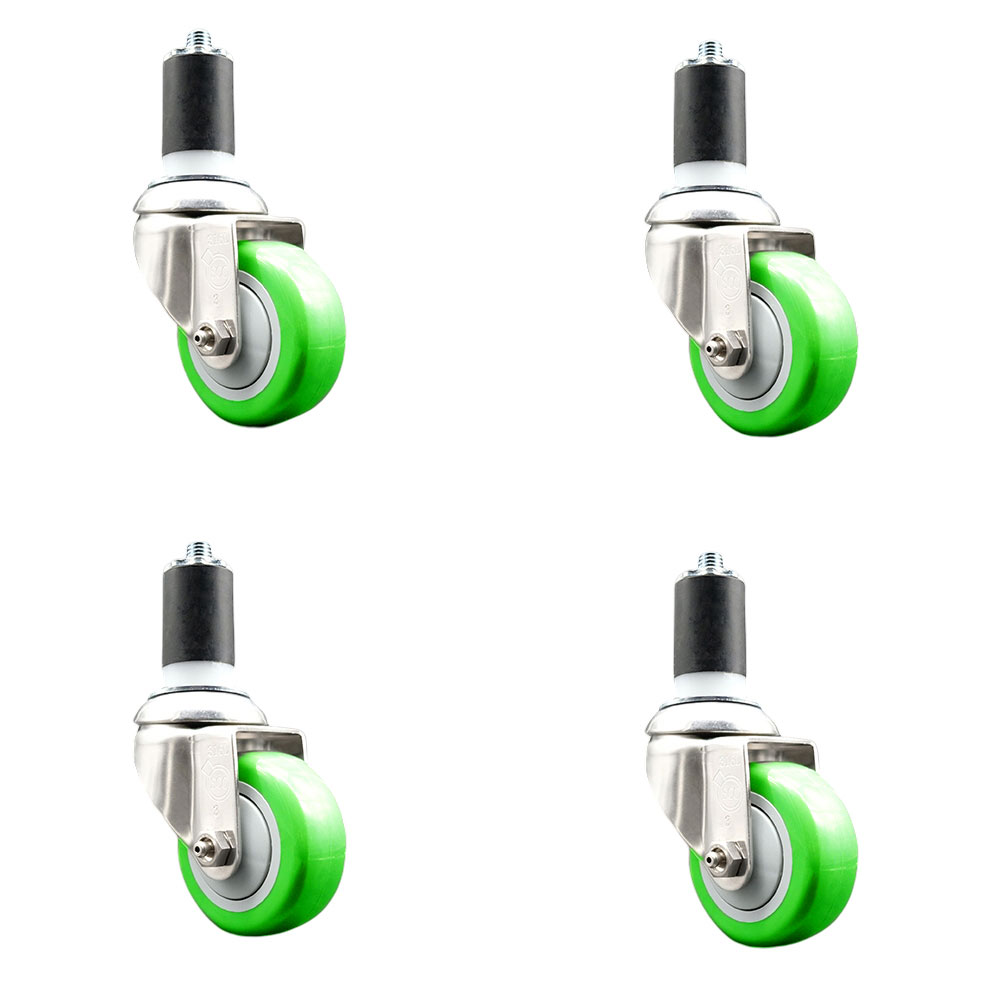 Polyurethane Swivel Stem Caster with 3.5 in. Green Caster Wheels, 1.5 in. Expanding Stems - 316 Stainless Steel Casters - Set of 4