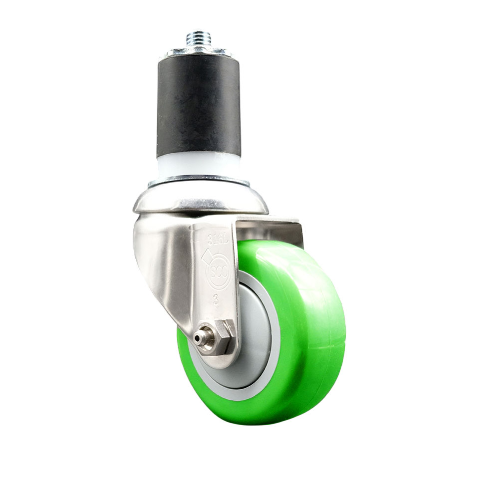 Polyurethane Swivel Stem Caster with 3.5 in. Green Caster Wheels, 1.75 in. Expanding Stem - 316 Stainless Steel Caster