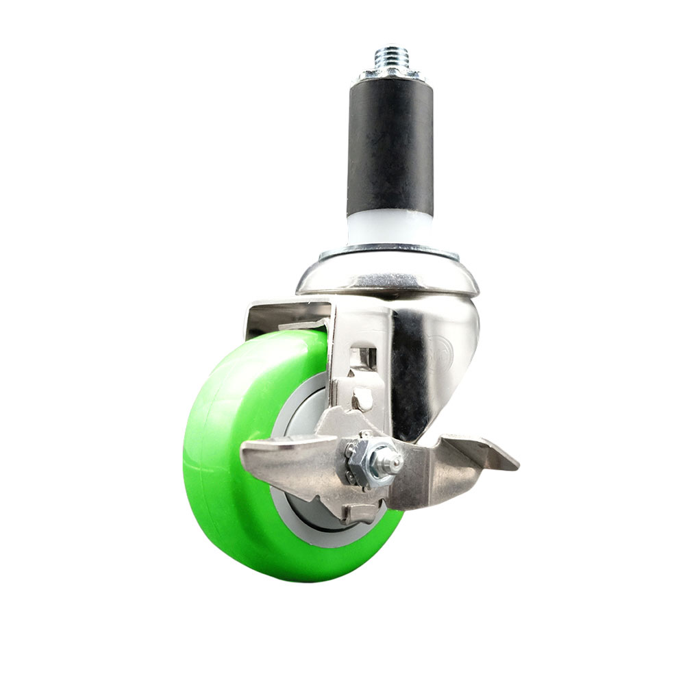 Polyurethane Swivel Stem Caster with 3.5 in. Green Caster Wheels & Top Lock Brake, 1.25 in. Expanding Stem - 316 Stainless Steel Caster