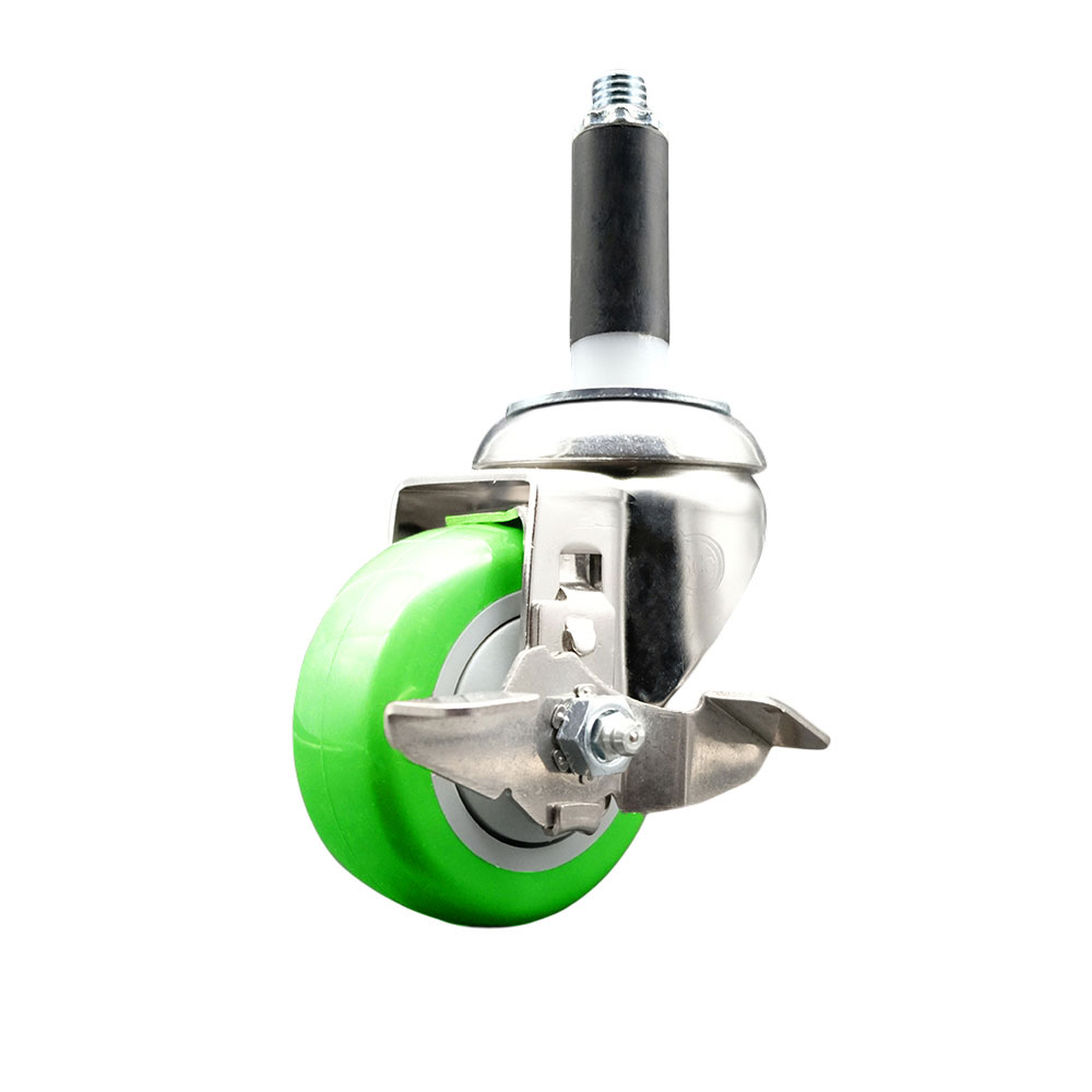 Polyurethane Swivel Stem Caster with 3.5 in. Green Caster Wheels & Top Lock Brake, 0.87 in. Expanding Stem - 316 Stainless Steel Caster