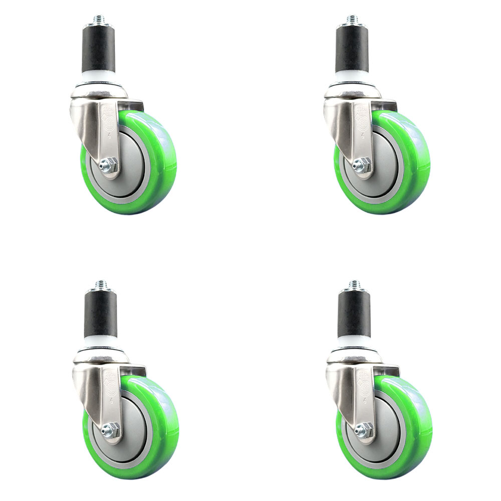 Polyurethane Swivel Stem Caster with 4 in. Green Caster Wheels, 1.63 in. Expanding Stems - 316 Stainless Steel Casters - Set of 4