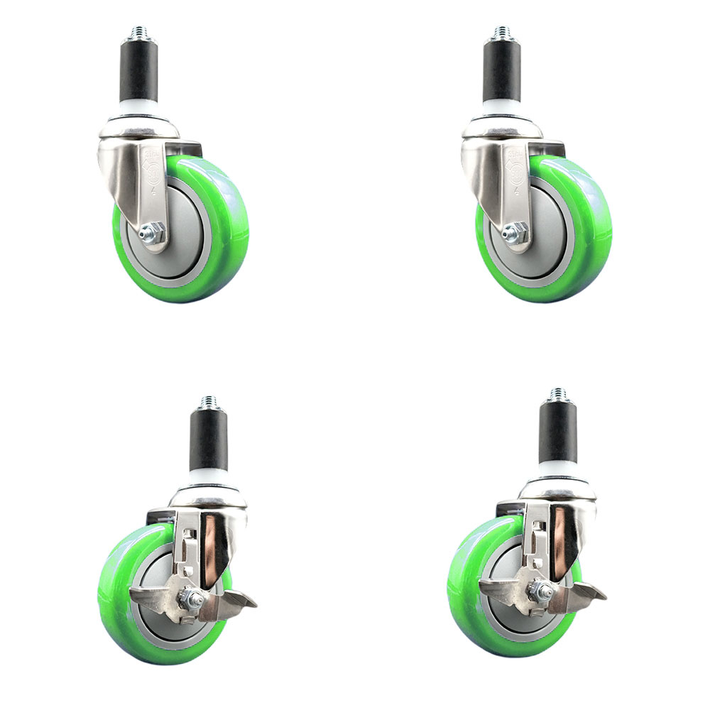 Polyurethane Swivel Stem Caster with 4 in. Green Caster Wheels, 1.25 in. Expanding Stems - 316 Stainless Steel Casters - Set of 4
