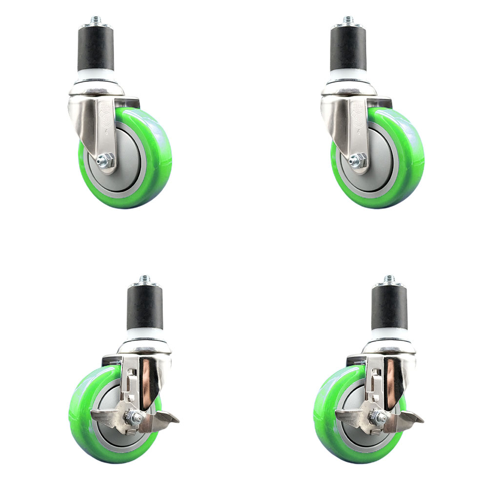 Polyurethane Swivel Stem Caster with 4 in. Green Caster Wheels, 1.75 in. Expanding Stems - 316 Stainless Steel Casters - Set of 4