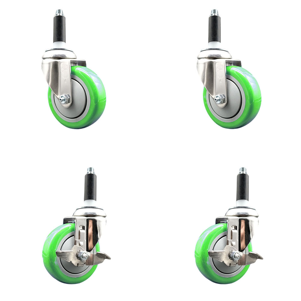 Polyurethane Swivel Stem Caster with 4 in. Green Caster Wheels, 0.87 in. Expanding Stems - 316 Stainless Steel Casters - Set of 4