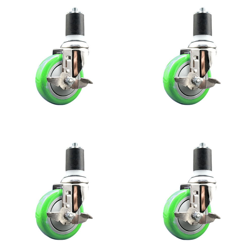 Polyurethane Swivel Stem Caster with 4 in. Green Caster Wheels, 1.87 in. Expanding Stems - 316 Stainless Steel Casters - Set of 4