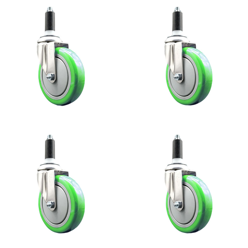 Polyurethane Swivel Stem Caster with 5 in. Green Caster Wheels, 1 in. Expanding Stems - 316 Stainless Steel Casters - Set of 4