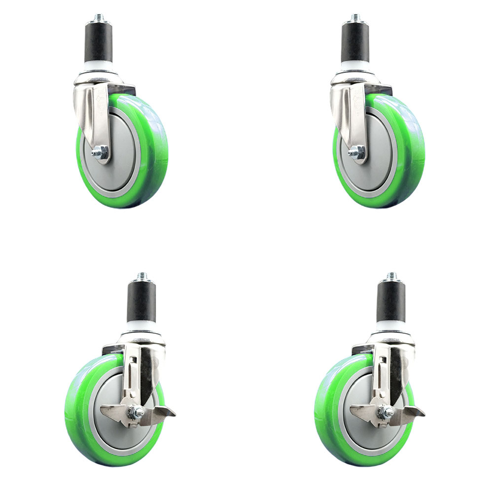 Polyurethane Swivel Stem Caster with 5 in. Green Caster Wheels, 1.5 in. Expanding Stems - 316 Stainless Steel Casters - Set of 4
