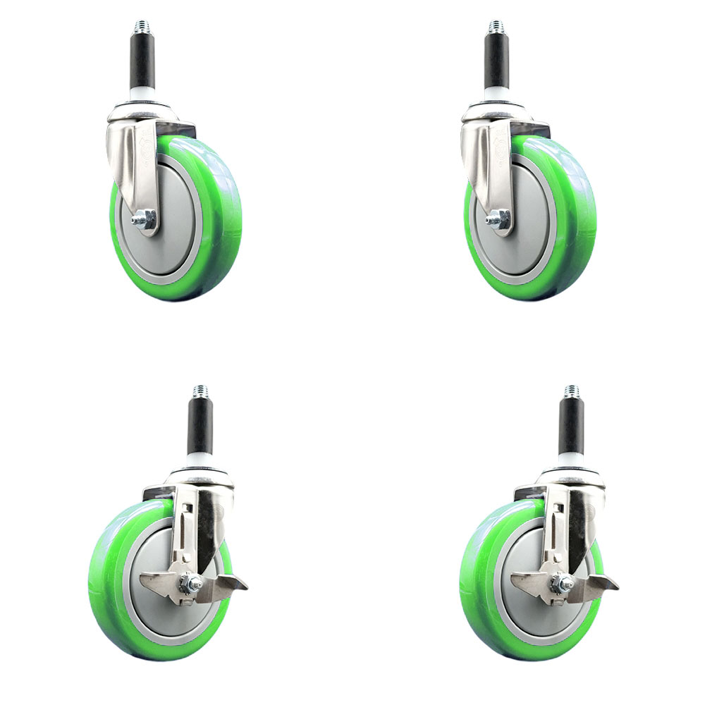 Polyurethane Swivel Stem Caster with 5 in. Green Caster Wheels, 0.87 in. Expanding Stems - 316 Stainless Steel Casters - Set of 4