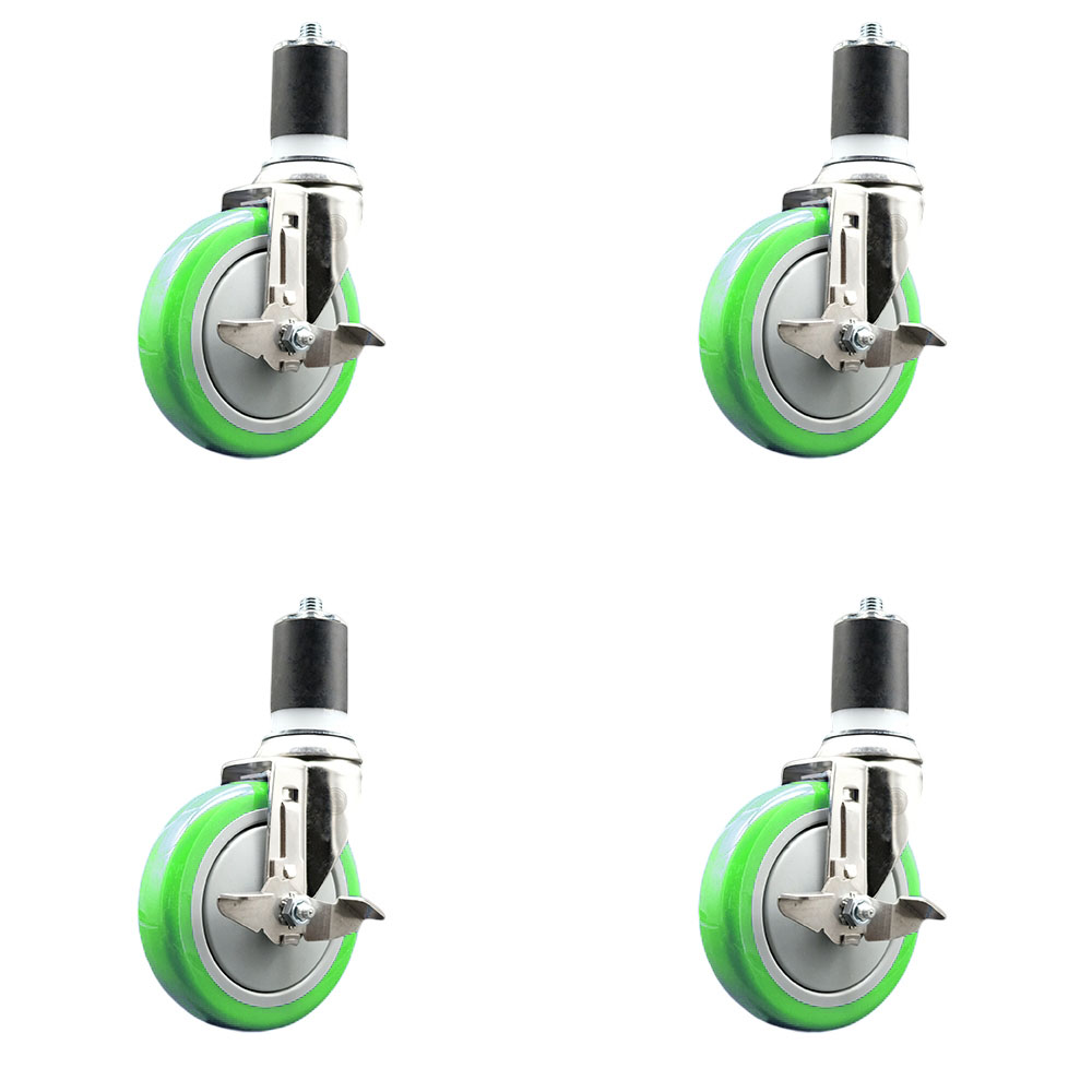 Polyurethane Swivel Stem Caster with 5 in. Green Caster Wheels, 1.87 in. Expanding Stems - 316 Stainless Steel Casters - Set of 4