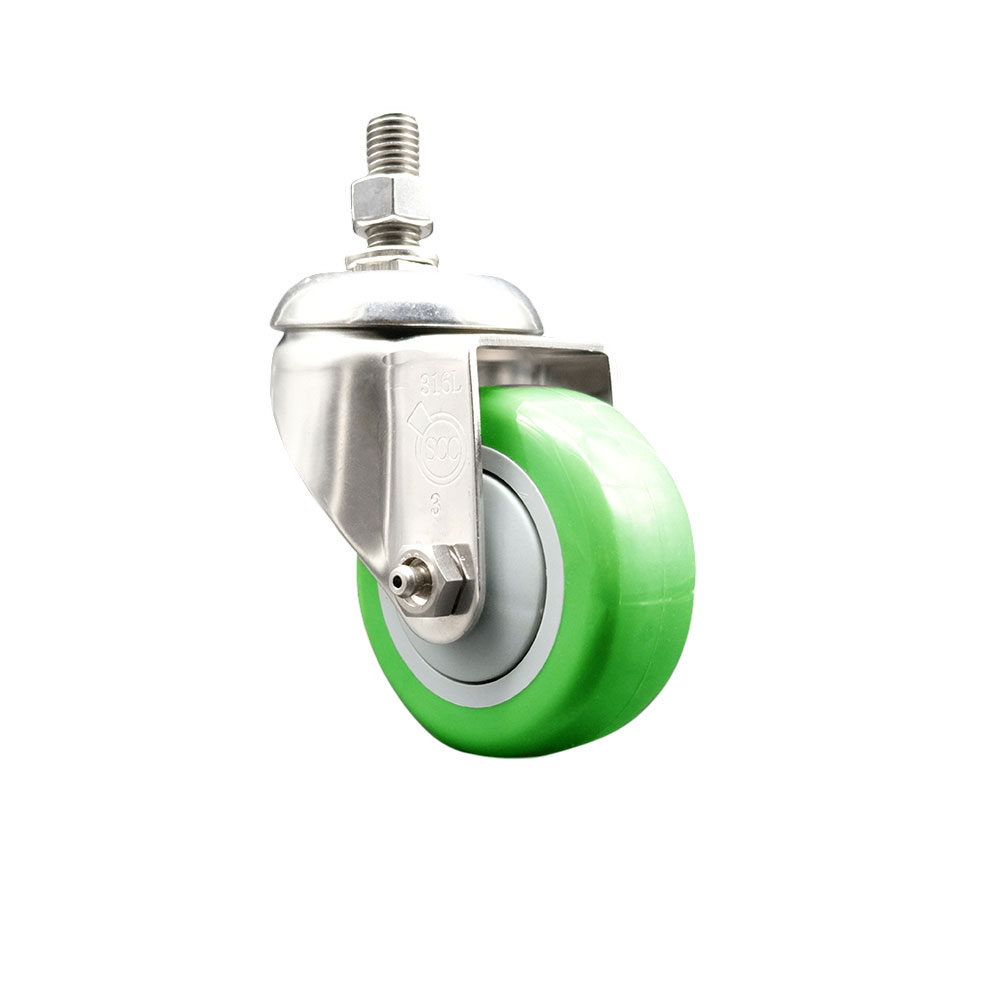 Polyurethane Swivel Stem Caster with 3.5 in. Green Caster Wheels, 0.38 in. Threaded Stem - 316 Stainless Steel Caster