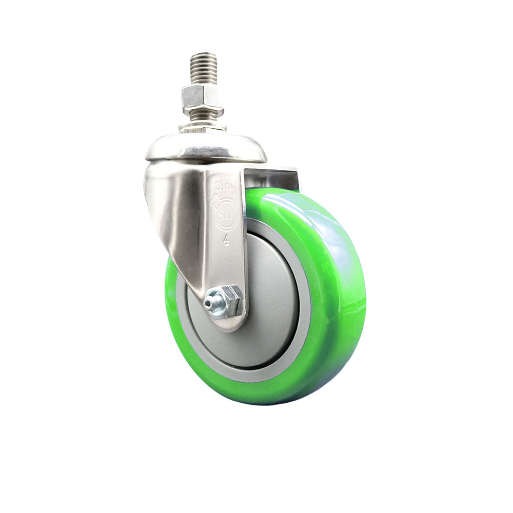 Polyurethane Swivel Stem Caster with 4 in. Green Caster Wheels, 0.5 in. Threaded Stem - 316 Stainless Steel Caster
