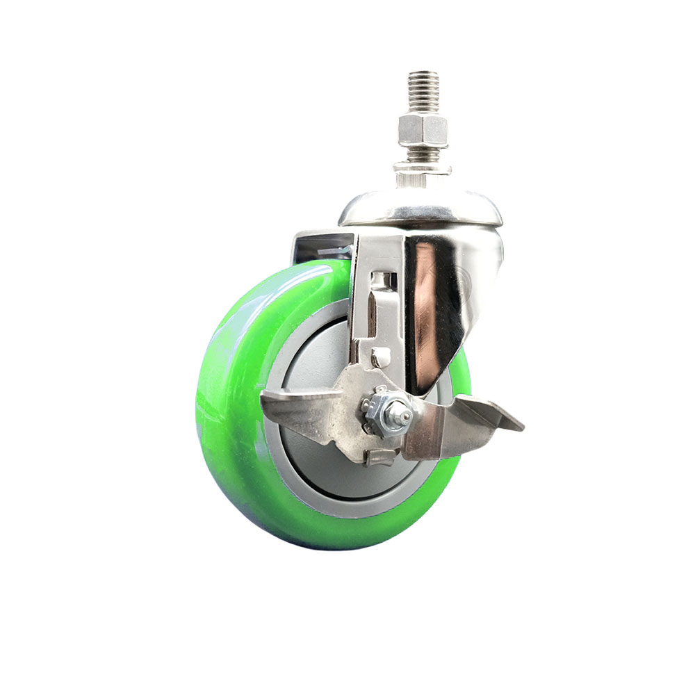 Polyurethane Swivel Stem Caster with 4 in. Green Caster Wheels & Top Lock Brake, 0.5 in. Threaded Stem - 316 Stainless Steel Caster