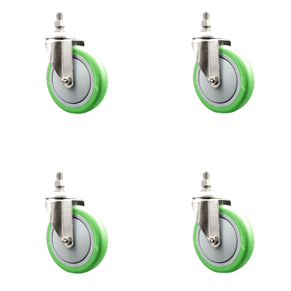 Polyurethane Swivel Stem Caster with 5 in. Green Caster Wheels, 0.38 in. Threaded Stems - 316 Stainless Steel Casters - Set of 4