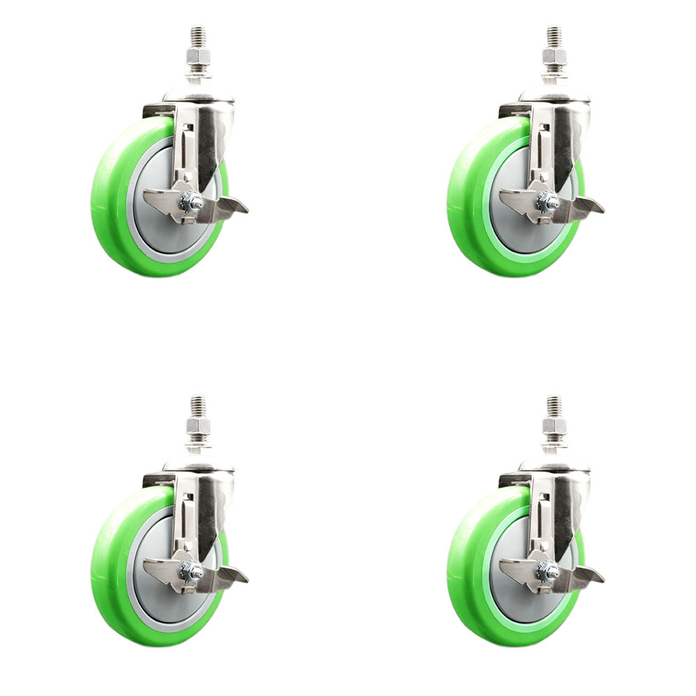 Polyurethane Swivel Stem Caster with 5 in. Green Caster Wheels, 0.38 in. Threaded Stems - 316 Stainless Steel Casters - Set of 4