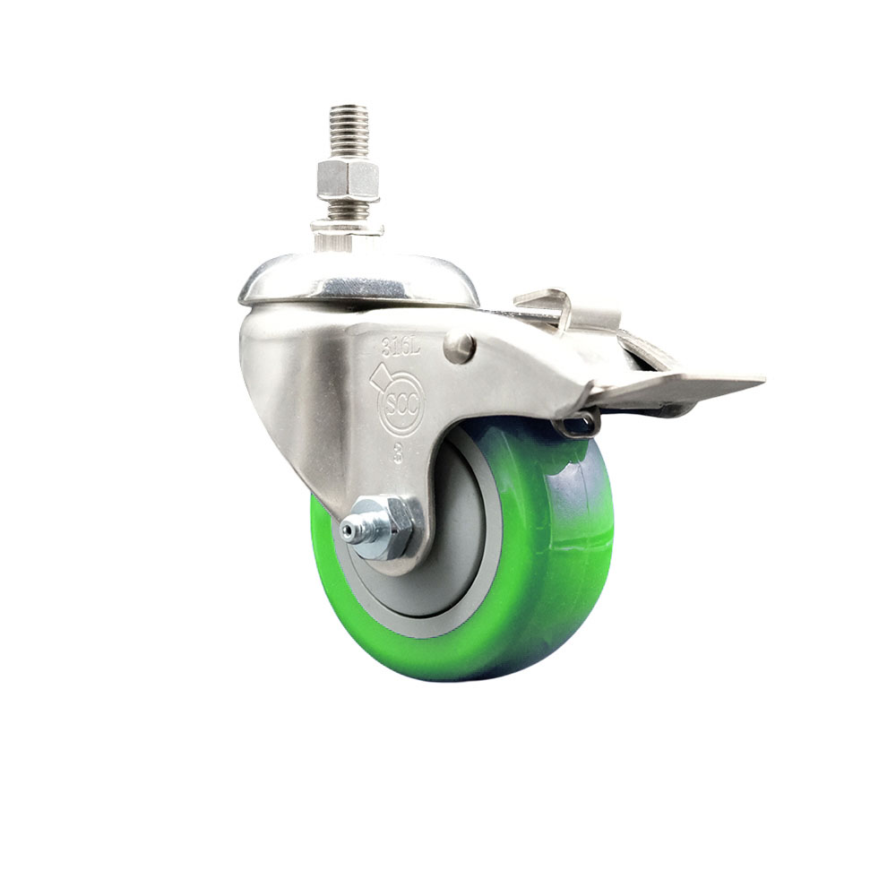 Polyurethane Swivel Stem Caster with 3 in. Green Caster Wheels & Total Lock Brake, 0.5 in. Threaded Stem - 316 Stainless Steel Caster