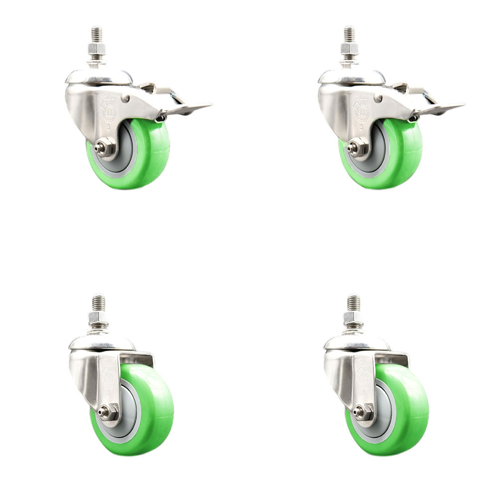 Poly Swivel Stem Caster with 3 in. Green Caster Wheels, 0.5 in. Threaded Stems - 316 Stainless Steel Casters - Set of 4