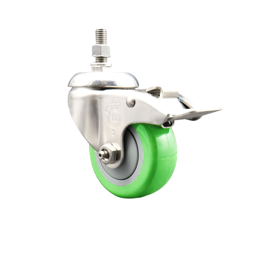 Polyurethane Swivel Stem Caster with 3.5 in. Green Caster Wheels & Total Lock Brake, 0.38 in. Threaded Stem - 316 Stainless Steel Caster