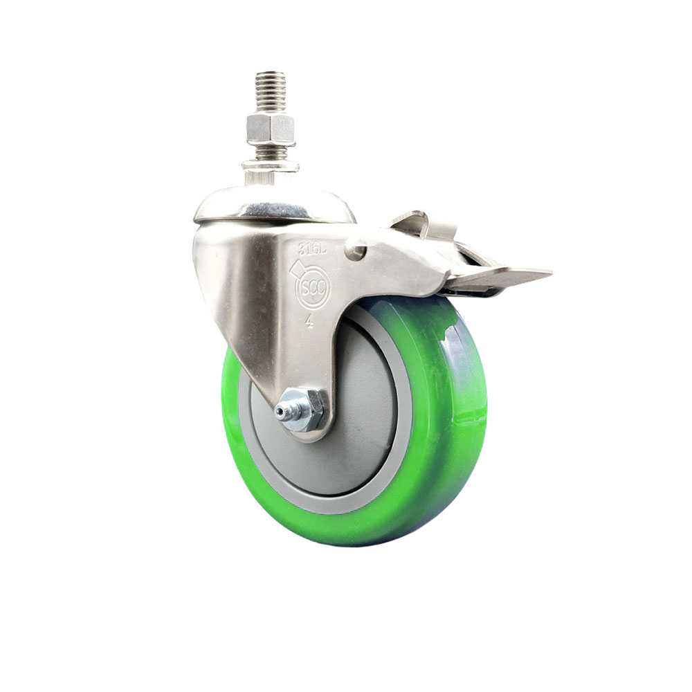 Polyurethane Swivel Stem Caster with 4 in. Green Caster Wheels & Total Lock Brake, 0.38 in. Threaded Stem - 316 Stainless Steel Caster