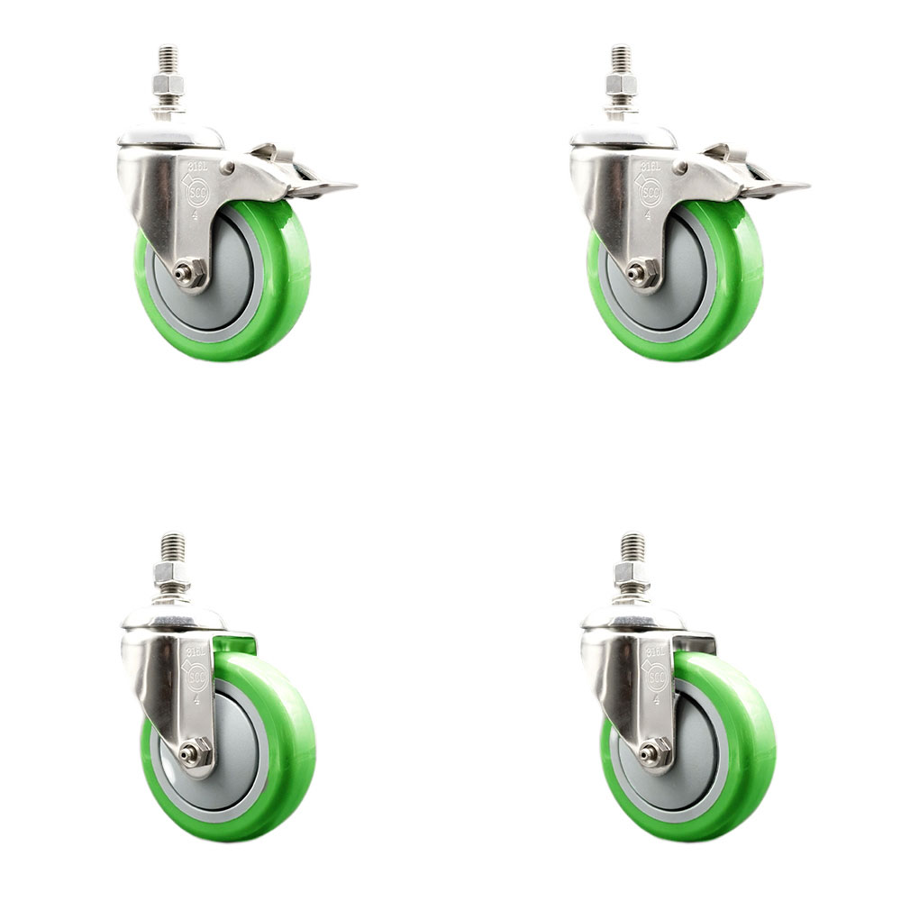 Poly Swivel Stem Caster with 4 in. Green Caster Wheels, 12 mm Threaded Stems - 316 Stainless Steel Casters - Set of 4