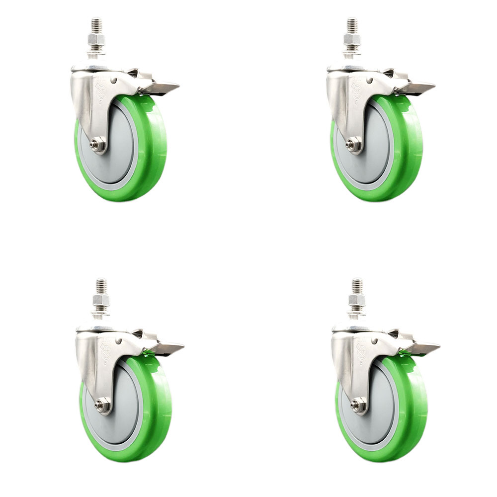 Polyurethane Swivel Stem Caster with 5 in. Green Caster Wheels, 0.38 in. Threaded Stems - 316 Stainless Steel Casters - Set of 4