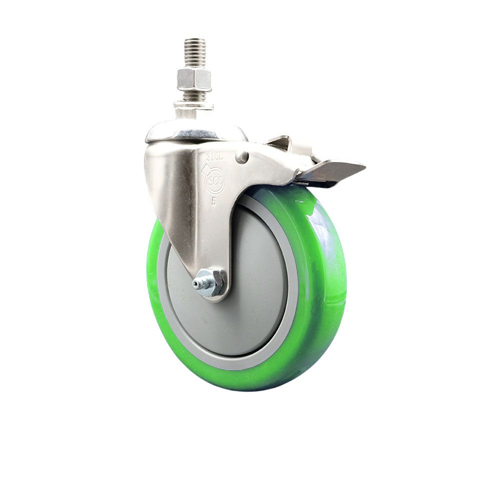 Polyurethane Swivel Stem Caster with 5 in. Green Caster Wheels & Total Lock Brake, 12 mm Threaded Stem - 316 Stainless Steel Caster