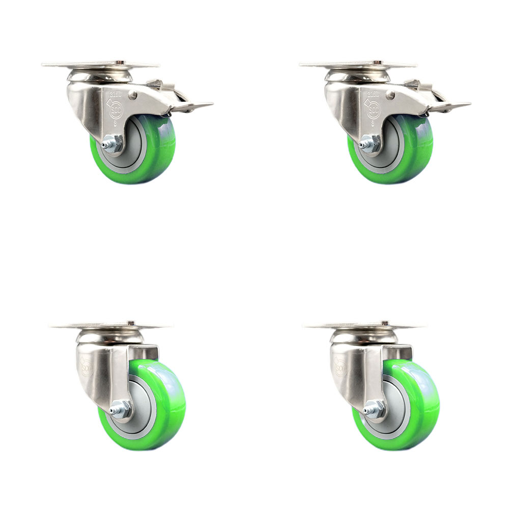 SCC-SS316TTL20S314-PPUB-GRN-2-S-2 Polyurethane Swivel Top Plate Caster with 3 in. 316 Stainless Steel Green Wheels - Set of 4