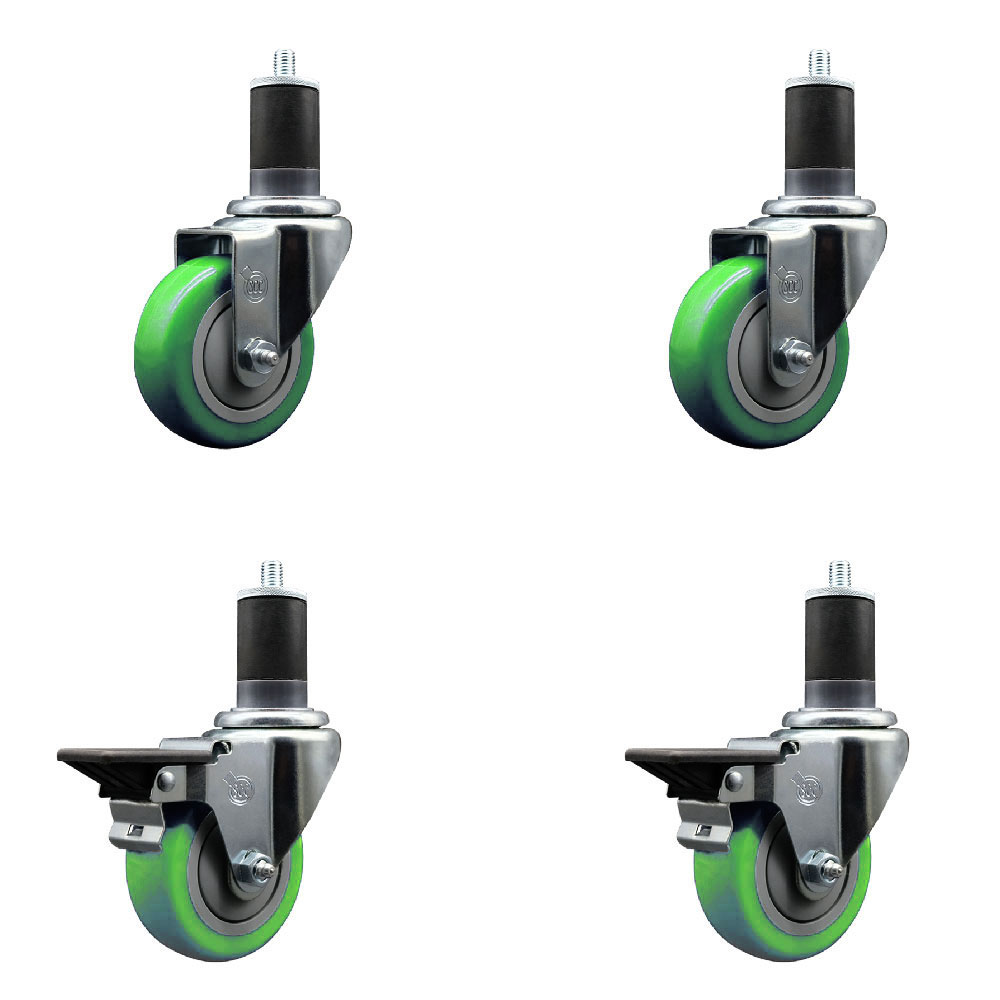 SCC-EX20S3514-PPUB-GRN-2-PLB-2-158 Polyurethane Swivel Expanding Stem Caster with 3.5 in. Green Wheels & 1.63 in. Stems - Set of 4