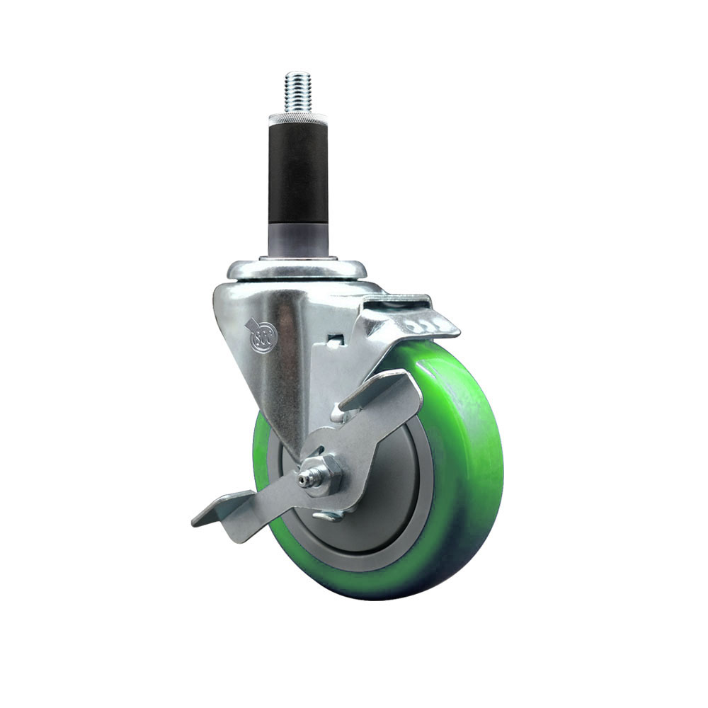 SCC-EX20S414-PPUB-GRN-TLB-118 Polyurethane Expanding Stem Swivel Caster with 4 in. Green Wheel & 1.13 in. Stem & Top Locking Brake