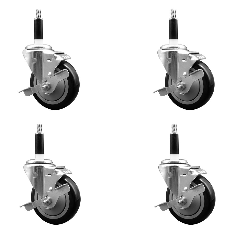 Stainless Steel Polyurethane Swivel Expanding Stem Caster with 4 in. Black Wheels & 0.87 in. Stems 4 Swivel with Top Locking Brakes - Set of 4