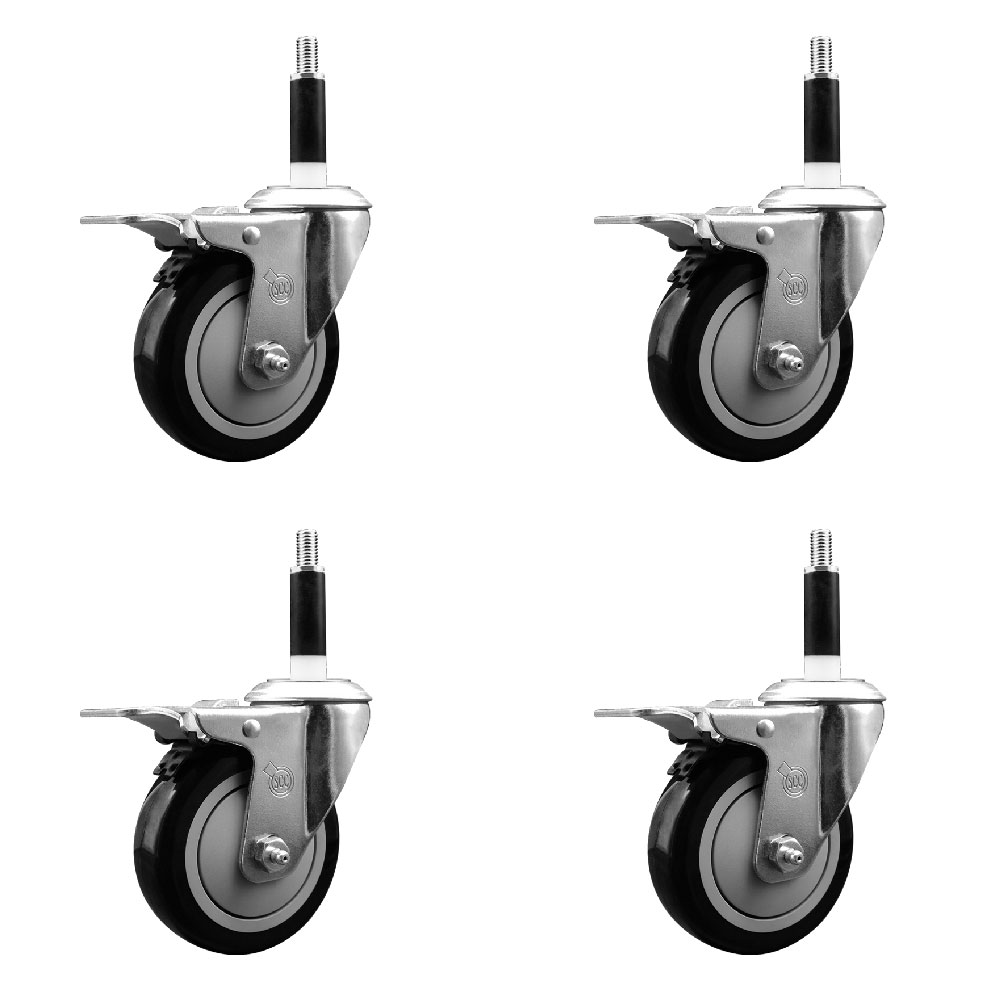 Stainless Steel Polyurethane Swivel Expanding Stem Caster with 4 in. Black Wheels & 0.87 in. Stems 4 Swivel with Total Locking Brakes - Set of 4